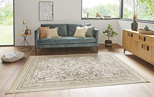 Nouristan Naveh Orient Teppich – Wohnzimmerteppich Orientalisch Kurzflor mit Fransen Vintage Orientalischer Samt-Teppich für Esszimmer, Wohnzimmer, Schlafzimmer – Creme Beige, 95x140cm