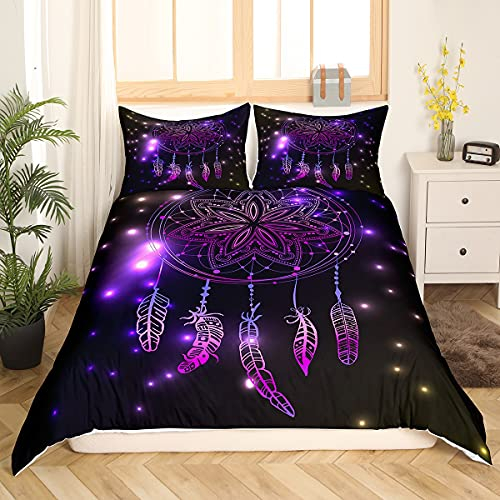 Loussiesd Lila Traumfänger Bettwäsche Set 135x200cm Mädchen Frau Böhmen Feder Bettbezug Set Stammes Exotisch Mandala Traumfänger Bettwäsche mit 1 Kissenbezug 80x80cm