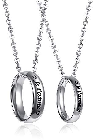PiercingJak - Lote de 2 collares para parejas, anillo con colgante de anillo de «Je t'aime I Love You» de acero inoxidable, regalo de amor, amistad, amor, San Valentín, mujer y hombre con cadena