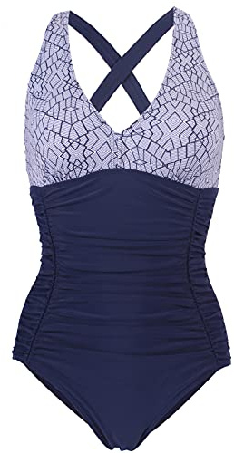 LA ORCHID Damen Strand Swimwear V ausschnittt Push up Badeanzug bauchweg Urlaub high Waist bademode Badeanzug Vintage Blau & Weiß XXXL