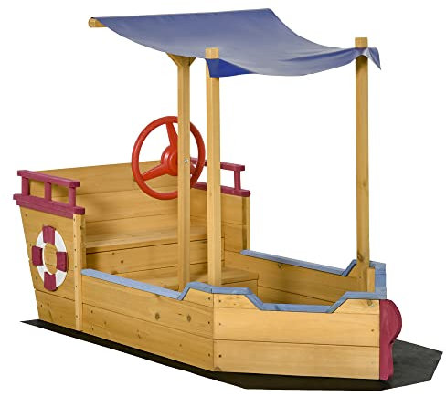 Outsunny Sandkasten Schiff Design Matschekiste aus Holz Segelschiff mit Sitzbank Flaggenmast Piratenschiff für Kinder 3-8 Jahre Sandkiste für den Garten Outdoor Sandbox Orange 160 x 70 x 103 cm