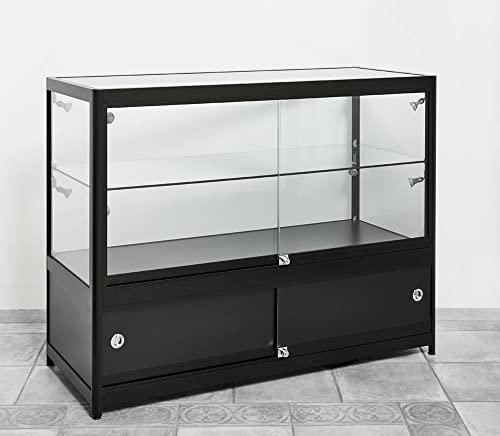 Thekenvitrine 2/3 Glas + 1/3 Holz + Schiebetüren + LED-Beleuchtung, Vitrine schwarz B120xH94xT50cm | Verkaufsvitrine Sicherheitsglas Geschäftsvitrine abschließbar Messevitrine Schmuckvitrine