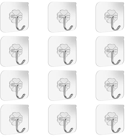Adhesive Wall Hooks Bathroom Kitchen 12 Packs Heavy Duty 22lb(Max) Nail Free Sticky Hangers with Stainless Utility Towel Bath Ceiling Hooks
