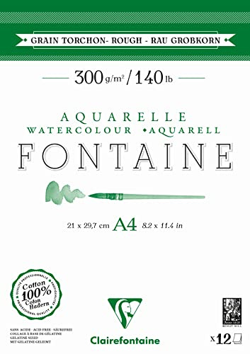 Clairefontaine 975949C - Aquarellblock Fontaine DIN A4 21x29,7cm, mit 12 Bogen 300g Torchon/Rau, zweiseitig geleimt, 1 Block