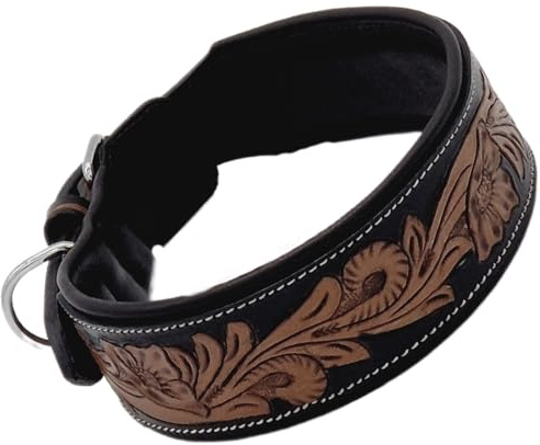 Leder Halsband Blair Lederhalsband Breit M L XL punziert Blumen Schwarz Braun Hundehalsband unterlegt (M)