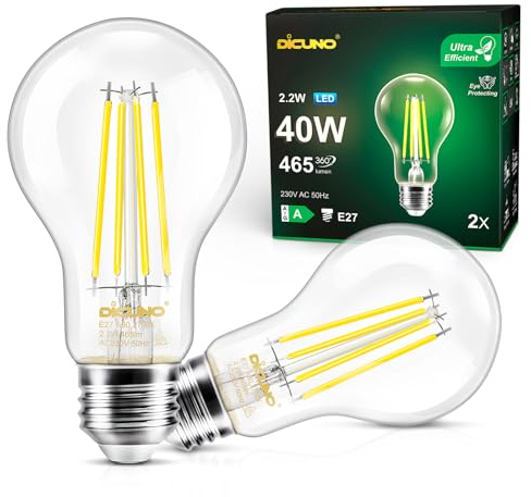 DiCUNO Edison LED Lampe E27, Classic ultraeffiziente Birne, A Label, 2.2W, Ersatz für 40W Glühbirne, Warmweiß 2700K, 465lm, 360°, klar, Energieeffizienzklasse A, A60 LED Leuchtmittel, 2er Pack