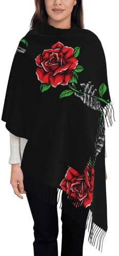 LAMAME Schal mit Totenkopf-Rose, bedruckt, Quaste, Fransenschal, Kaschmir, Schal, Totenkopf Rose, One size