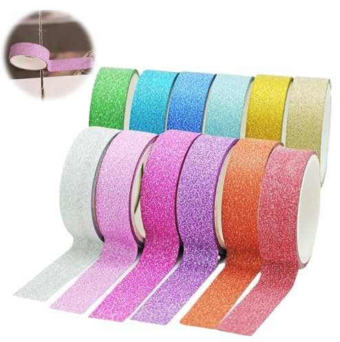 12 Rollen Washi Tape Set Masking Tape Klebeband Bunt Washi-Klebeband mit Glitzer Buntes Klebeband Dekorativ für Bullet Journals Diy Handwerk Bastelmaterial Scrapbooking Geschenkverpackung, 15 mm x 3 m