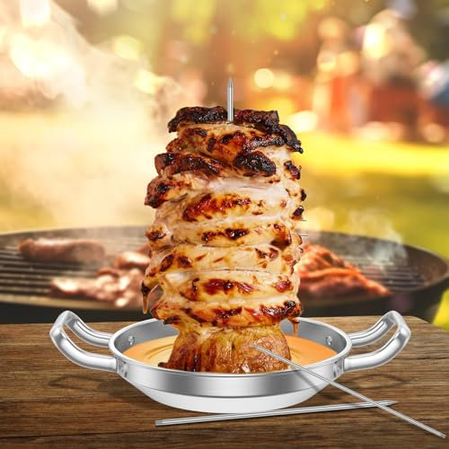 Deuson Al Pastor Spiedino verticale in acciaio inox per barbecue, spiedo verticale con piatto e 3 punte rimovibili, girarrosto verticale staccabile, per barbecue, affumicatori, forno N