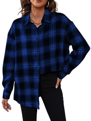 Aublinto Chemise à carreaux boutonnés pour femme, manches longues, chemises décontractées, automne, chemisier ample, tops, chemise à carreaux buffalo, shackets, bleu, L
