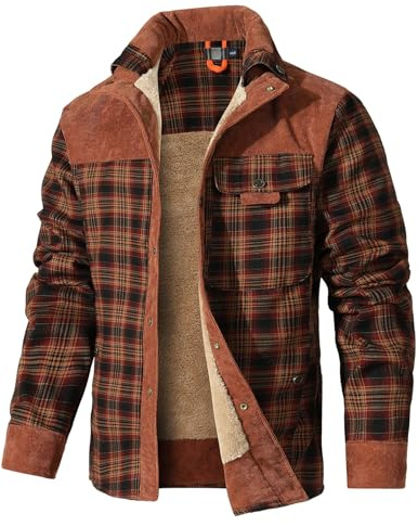 HYPESTFIT Mens Jacket Flannel Fur Lined Button Warm Lumberjack Fleece Padded Long Sleeve Casual Dark Brown L