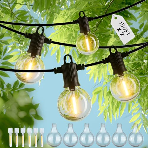 ZOTOYI 91M/300FT Festoon Outdoor String Lights Mains Powered with 120+6pcs IP65 Waterproof & Shatterproof LED Plastic Bulbs Support Connection & Dimmable Function for Garden, Wedding, Pergola,2700K