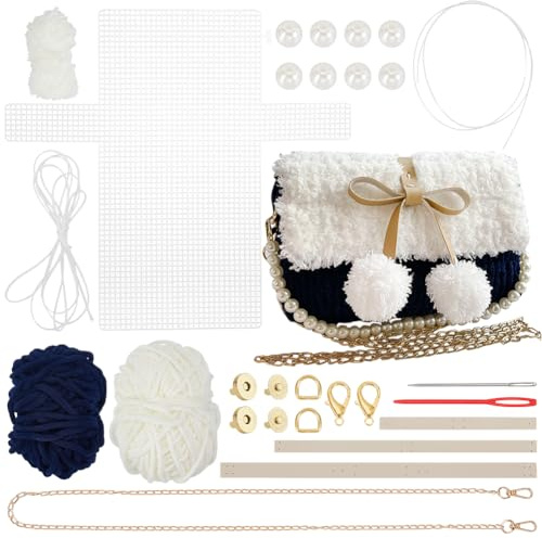 WADORN DIY Strick Häkel Handtaschen Set Set Zum Stricken Und Häkeln von Taschen Aus Kunstperlen Blankes Netzgewebe Aus Kunststoff Bastelset Für Selbstgemachte Häkeltaschen 22x5x13cm Schwarz