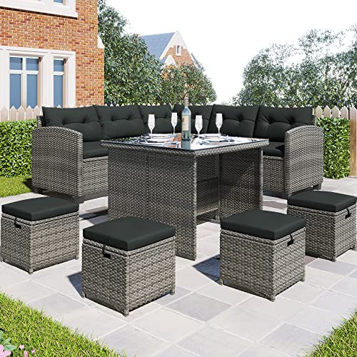 Gartenmöbel-Set, 8-teilig, Esssofa-Set mit Allwetter-Rattan-Sofa, Esstisch, Stühlen und Ottomanen, ideal für Hof, Pool oder Hinterhof, Grau