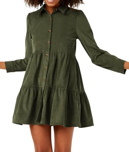 R.Vivimos Automne Hiver Femmes Manches Longues Bouton Mini Robe Ligne Niveau Volanté Velours Côtelé Robe Courte Robe De Poupée avec Poches(L,ArmyGreen)