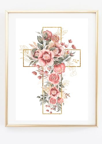 Din A4 Kunstdruck ohne Rahmen - Goldenes Kreuz mit pinken Blumen - Kruzifix - Gott Glauben - Christliches Bild - Kirche Religion - Bild Aquarell Druck