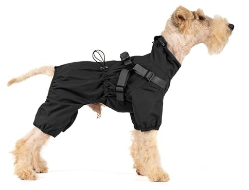 Mile High Life Waterproof Dog Raincoat, Full Coverage Small Dog Rain Coat with Harness, Adjustable 4 Legs Puppy Rain Jacket with Reflective Strip and Elastic Cuffs (Black, X-Small)