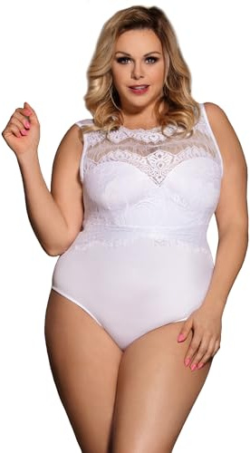 ohyeahlady Body Donna Pizzo Corto con Cavallo a Pressione Sottogiacca Top Jumpsuit Aderente Clubwear Bodycon Pigiama Elegante Sleepwear Camicia da Notte Tuta Basic Lingerie Curvy Bianco,XXL