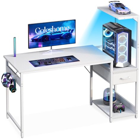 Coleshome 120×48 cm Gaming Desk with LED Lights, Carbon Fiber White