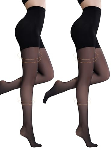 Yilanmy 2 Paar Kompressionsstrumpfhose Damen 10-15mmHg, Shape Stützstrumpfhose Semi Blickdicht Feinstrumpfhose 30 DEN(Schwarz,XL)