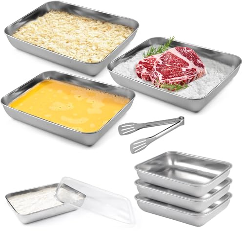 Breading Bowls Set of 3, 25 x 20 x 5 cm, Stainless Steel Rectangular Bowl, Breading Street Set, Breading Street with Lid, with Breading Pliers, Stackable, Metal Gastro Container for Cutlets, Meat