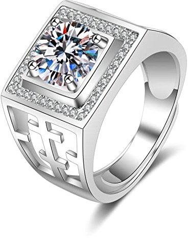 Lirzxin Ehering Herren Gold 585 14 Karat, Trauringe Für Männer Verstellbar Breit Siegelring Hohl Design mit Rund Erstellter Diamant und Moissanit Verlobungsringe Weißgold Große 57 (18.1)