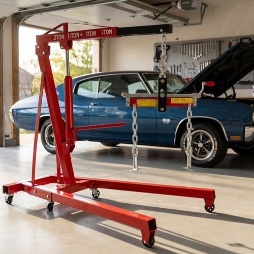 2 Ton Red Hydraulic Engine Hoist, 5500 Lbs Heavy Duty Engine Hoist Crane Folding Portable Design Auto Leveler, Telescoping Boom for Heavy Lifting in Warehouse Garage Workshop