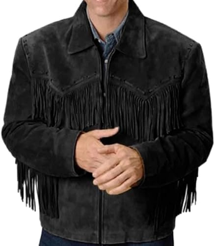 AQUBLARM Mens Fringe Jacket - Western Cowboy Brown Faux Suede Leather Fringed Jacket with Fringes