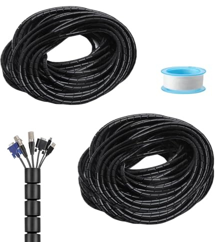 1 gaine de câble de 20 m et 1 gaine de protection de câble de 15 m - Noir - Avec 1 ruban adhésif - Pour cacher les câbles - Flexible - Résistant aux morsures - Isolant - Longueur DIY - Pour TV/PC