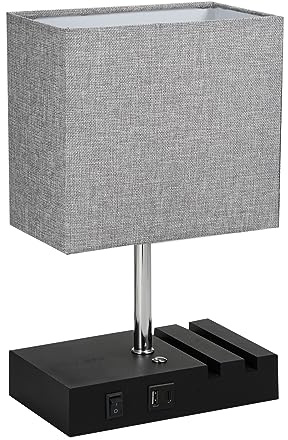 Funien Lampe de Chevet en Tissu avec Ampoule LED Blanc Chaud, Commande Tactile, Chargeur sans Fil 10 W, Ports de Charge USB A Type-C, Prises de Courant américaines. (Bouchon UE)