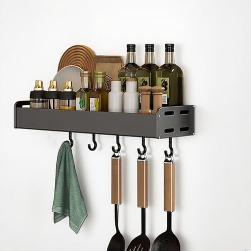 RETSAMV Wandregal Küche ohne Bohren 40/50cm Gewürzregal Wand mit Haken Küchenregal hängend Aufbewahrung Gewürze Messer Badregal für Küche Badezimmer (50cm)