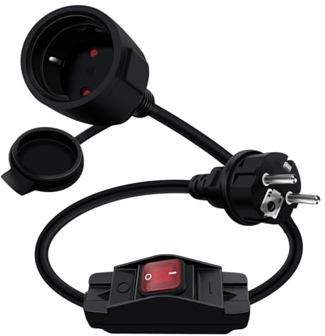 YINGAYOU Cavo Prolungatore Schuko con interruttore 16A 250V Prolunga Schuko Corta con Interruttore Impermeabile, 2AC IP44, Adatta per Ambienti Interni o Esterni (Nero, 0.5 m)