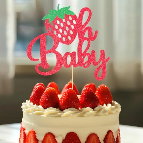 HSC Oh Baby Cake Topper, Baby Shower Cake Toppers, Baby Shower Cake Decorations - Strawberry & Red Glitter Oh Baby Cake Topper for Gender Reveal & Newborn Birthday Party