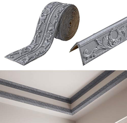 Inscrip Bordüre Selbstklebend, 5M*10cm*8mm, 3D Stuckleisten Wand, Zierleisten, Wasserdicht Wandbordüre, Leisten Selbstklebende,Roll Border Trims für Ecken Linien Decken Dekoration (Grau)