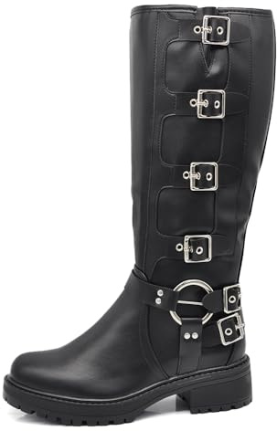 IF Fashion Scarpe Stivali da Donna Al Polpaccio Ginocchio Stile Biker Punk Rock Motociclista con Fibbia Multipla ML287 nero N.36
