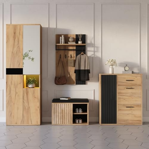 Ligterra 215×36×190cm Garderoben Set Wandgarderobe, 4-Teiliges Set Bestehend aus Kleiderschrank, Garderobenständer mit Schuhschrank, Schuhbank, Garderobe, Flurgarderoben Set(Natur+Schwarz)