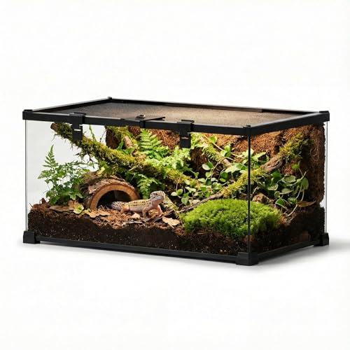 NEPTONION 10 Gallon 50 x 30 x 25 cm Mini Glas-Terrarium, von Oben zu öffnen, ausbruchsicheres Schloss & Fütterungsklappe, für Leopardgeckos & Hornfrösche