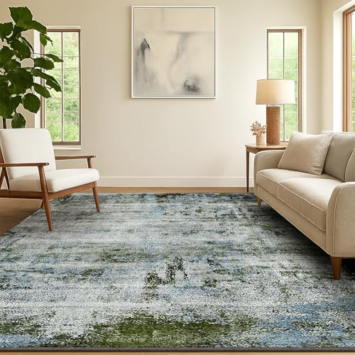 SOANNY Vardagsrumsmatta 140x200 cm, kort lugg, supermjuk, modern abstrakt design, tvättbar & halkfri för vardagsrum, sovrum, barnrum, matsal, kontor, Mossgrön