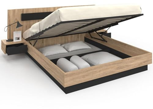 IDMarket - Cama doble con cabecera + mesitas de noche integradas y somier de 160 x 200 cm, madera y negro