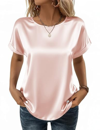 Zeagoo Chemisier Satin Femme Élégante Soie Blouse Ete Manches Courtes Top | Ample Basique Col Rond Chemise Casual Couleur Unie Haut S-XXL