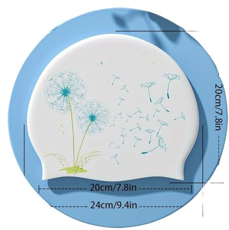 Badmössa för dam badmössa för vuxentryckt öronskydd, dam, silikon, vattentät, stor storlek, bekväm, ingen strypning (Dandelion)