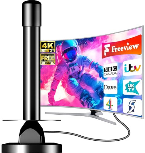 Antenne TV Intérieure TNT HD Amplificateur Signal Gain Élevé VHF/UHF Base Magnétique Réception 360° Compatible DVB-T2 Smart TV 4K Full HD 1080P Câble Coaxial 5m Anti-Interférences 4G/5G
