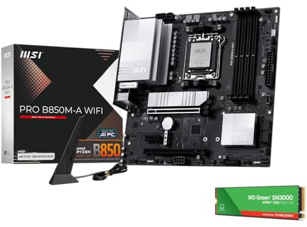 MSI PRO B850M-A WiFi Motherboard,mATX-Supports AMD Ryzen 9000/8000/7000 Processors,AM5-DDR5 Memory Boost (8200+ MT/s OC),PCIe 5.0 x16 & 4.0 x4,M.2 Gen5,Wi-Fi 7,5G LAN+WD Green SN3000 1TB SSD Bundle