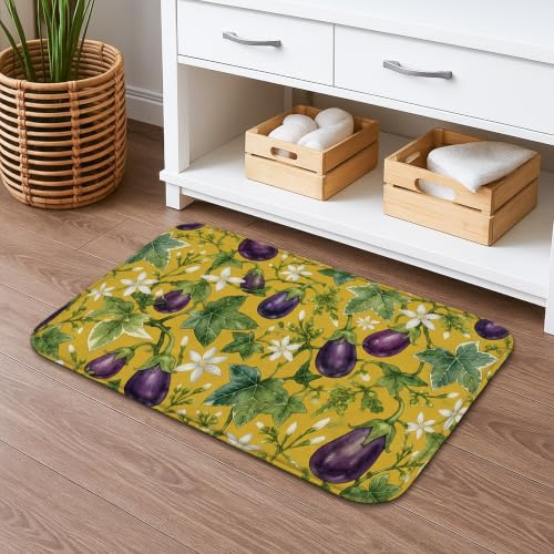 Tapete de baño floral vintage de secado rápido, patrón de berenjena e hiedra, absorbente, antideslizante, tapete decorativo de franela lavable para baño, inodoro, baño, 20 x 32 pulgadas