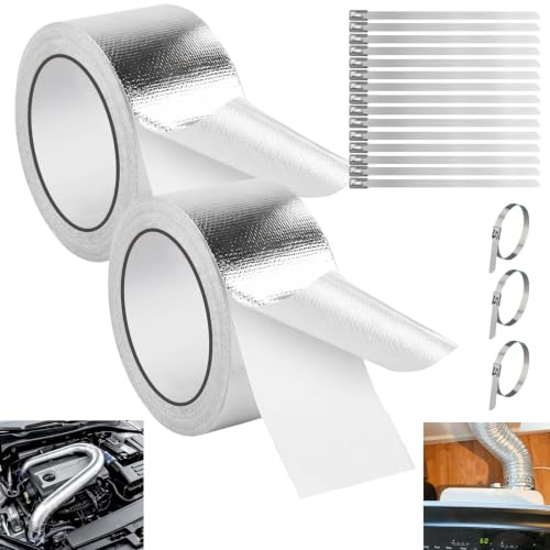 2 Rollen Hitzeschutzband Auspuff Selbstklebend 10m X 5cm mit 15 Stück Edelstahlkabelbinder, Aluminium Klebeband Hitzebeständig , Auspuffband Auspuffbandage Reparaturset für Auto Motorrad Krümmer