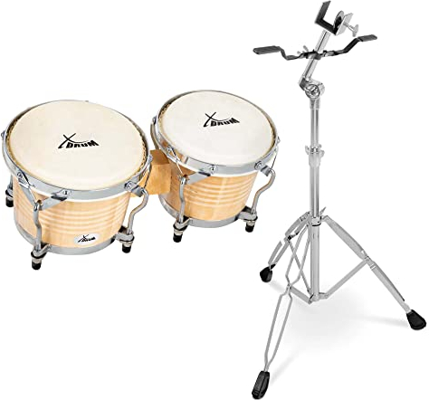 XDrum Bongos Pro Natur - 2 Trommeln mit 6,5 (17 cm) und 7,5 (20 cm) Durchmesser - Bongotrommeln mit stimmbaren Naturfellen, Stimmschlüssel und Ständer - Holztrommeln Naturfarben