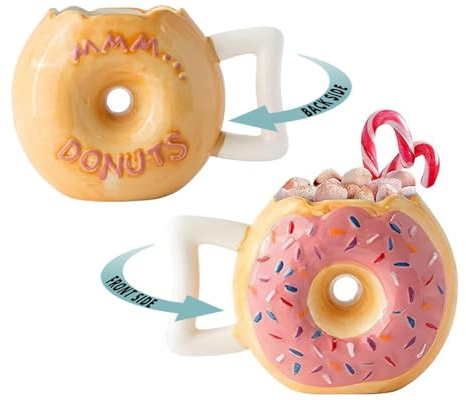 Ceramic Donut Mug - Delicious Pink Glaze Doughnut with Sprinkles - Funny MMM... Donuts! Quote - Best Cup for Coffee, Tea, Hot Chocolate and More - Large 14 oz - Funny Coffee Mug Gift