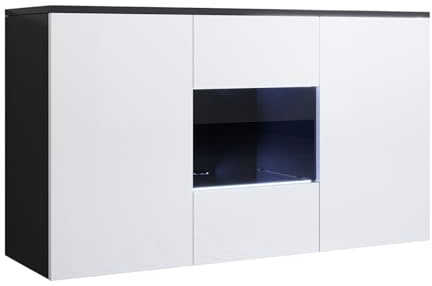 MB Muebles Bonitos, Buffet Meuble TV Suspendu Luke A2 pour Salon et Salle à Manger avec Lumière LED, Meuble en Mélamine Brillante, Couleur Noir et Blanc, 120x70x40 cm