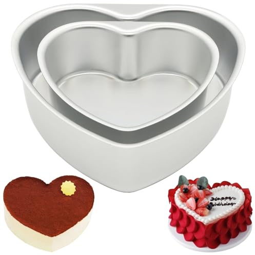 HQILRRA Set di 2 stampi per torta a forma di cuore, per sandwich e barattolo, in alluminio anodizzato, antiaderente, fondo staccabile, torta per matrimonio, 2 misure (20,3 cm + 25,4 cm), compleanno,