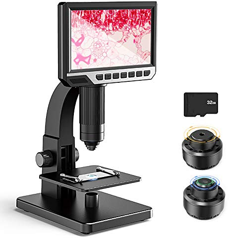 Digitales Mikroskop mit LCD-Display 7 Zoll (17.8 cm) Doppelobjektiv, 500 – 2000 X Kamera mit 12 MP und 32 G TF-Kamera mit 11 LEDs, tragbar, für Wissenschaft und Biologie, Schule und Suche